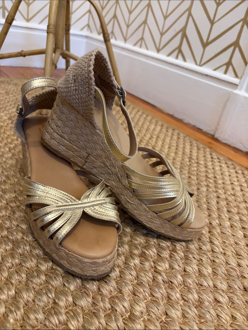 Metallic Gold Espadrille Wedge Sandals - Women's Summer Heels